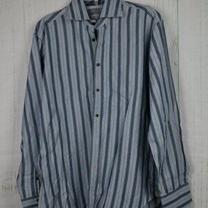 Share Thomas Dean Men's Striped Button-Down Shirt Blue Flip Cuff Size M